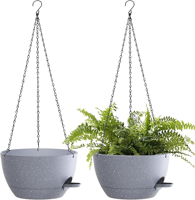 12 Inch Hanging Baskets 2 PC with Chains, Self-Watering Hanging Planters for Indoor Outdoor Plants, Plastic Hanging Flower Pots,Speckled Grey-HomvellaHome