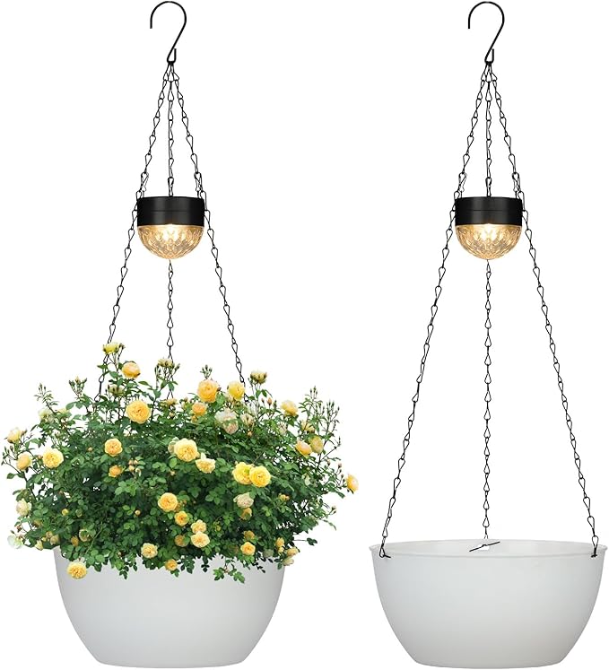 2 Packs Hanging Planters Basket for Outdoor Plants, Solar Powered Self Watering White Round Plastic Flower Pots with Drainer for Balcony Patio Garden Outdoor Decoration-HomvellaHome