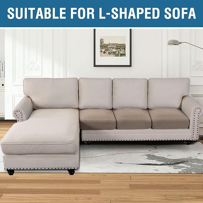 H.VERSAILTEX Super Stretch Individual Seat Cushion/Couch Slipcover Sets Thick Jacquard Textured Twill Fabric (3 Piece Sofa Covers, Sand)-HomvellaHome