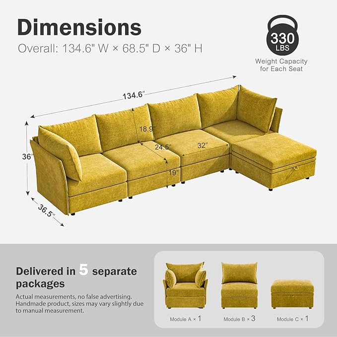 134.6" Luxury Modular Sectional Convertible Sofa with Storage Ottoman, L-Shape 5-Seat Oversized Comfy Couch Deep Seat with Reversible Chaise - Chenille Yellow-HomvellaHome
