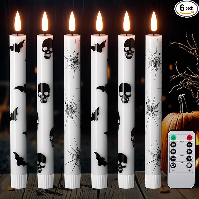GenSwin Flameless Taper Candles with Remote Timer, 6Pcs LED Flickering Taper Candles Battery Operated Real Wax with Spider Webs/Skull/Bats Decals for Halloween Spooky Decoration (White, 0.78”x9.65”)-HomvellaHome