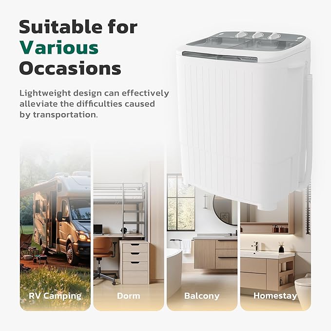 Greenvelly Portable Washing Machine, 16 Lbs Compact Mini Washer and Dryer Combo, Semi-automatic Twin Tub Washer with Drain Pump for Dorms, Apartments, RVs (Grey)-HomvellaHome
