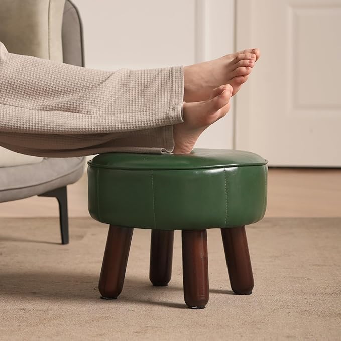 13in Small Foot Stool Ottoman, Round Faux Leather Foot Rest for Couch, Under Desk Pouf Footstool Footrest with Non-Skid Rubber Legs for Ling Room, Bedroom, 13''L x 13''W x 10.2''H, Green-HomvellaHome