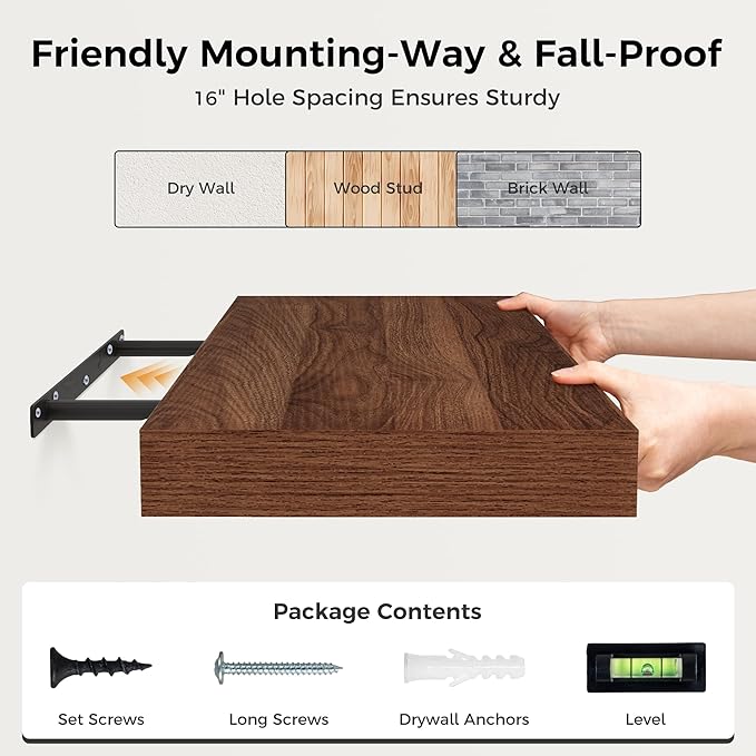 12 Inch Deep Floating Shelves, 24 x 12 Floating Shelf for Books, Rustic Wood Deep Wall Shelves for Home Storage & Display, 2" Thicked Shelves for Kitchen, Living Room, Bedroom, Walnut Color, 1 Pack-HomvellaHome
