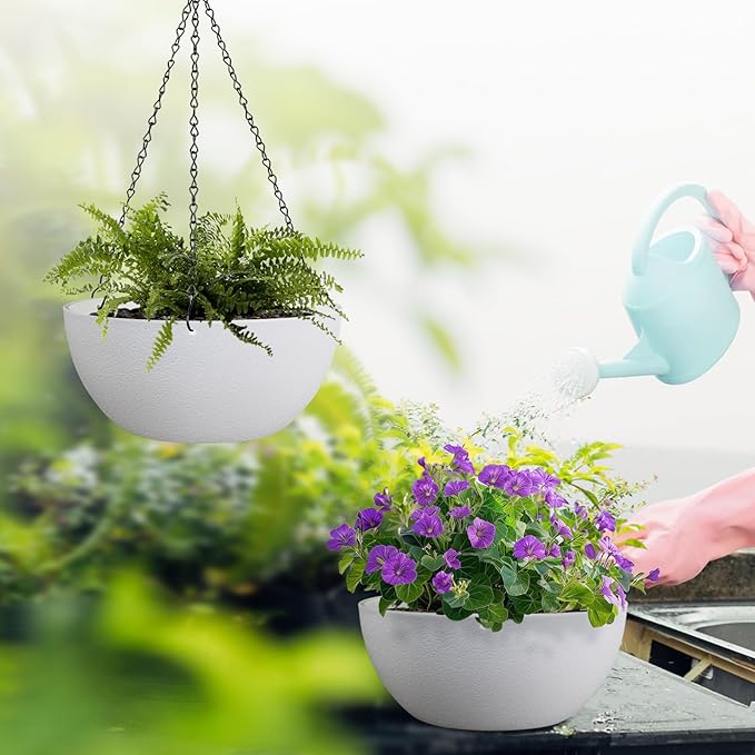 13 inch Large Hanging Planters Plant Pots for Outdoor Indoor Plants with Drainage Holes and Chain, 2 Pack Round Hanging Flower Pots for Garden Home Porch Decor, White-HomvellaHome