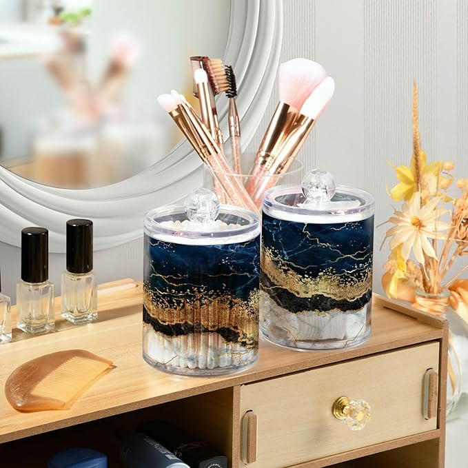 2 Pack Qtip Holder Dispenser Navy Blue Marble Bathroom Storage Canister Lid Acrylic Plastic Apothecary Jar Set Vanity Makeup Organizer for Cotton Swabs/Pads/Floss-HomvellaHome