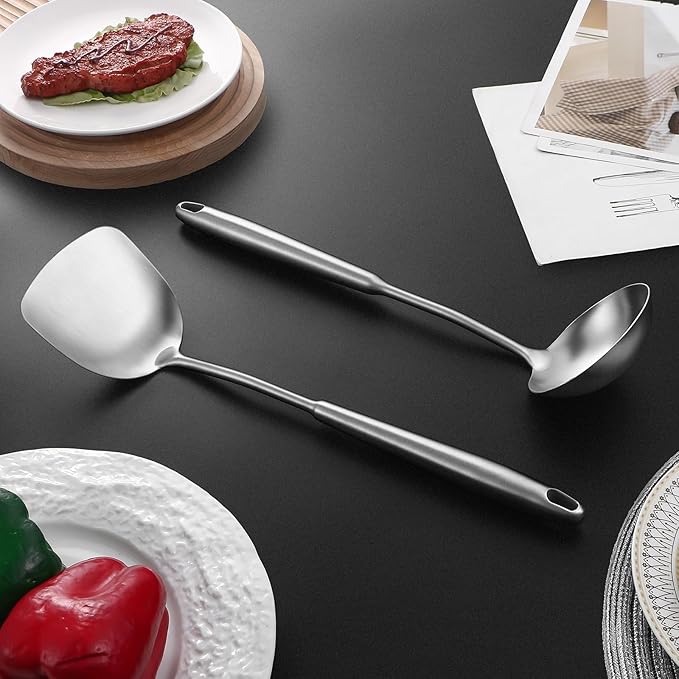 14-15" Wok Spatula and Ladle,2 PCS Wok Tools Set,304 Stainlss Steel Cooking Utensils,Matte Wok Accessories,Solid Wok Utensils-HomvellaHome