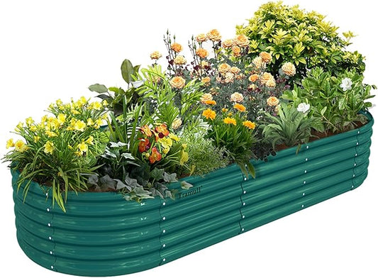 1 Pack 8x3x1.5FT Galvanized Raised Garden Bed Kit Oval Metal Ground Planter Box Outdoor Bottomless Planter Raised Beds for Vegetables Flowers Herbs Fruits, Green-HomvellaHome