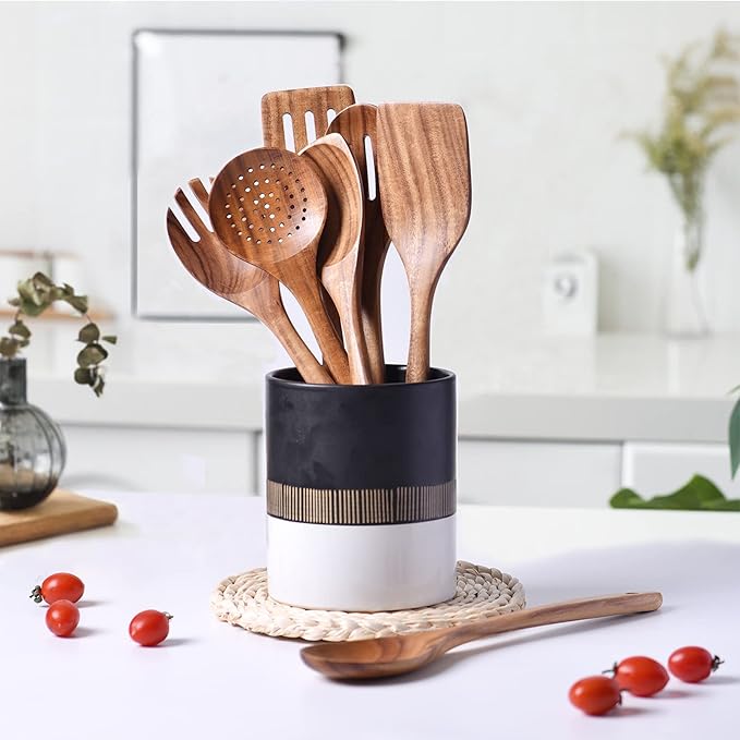 Gudamaye 13 inch Long Wooden Utensils for Cooking, Long Handle Wooden Spoons for Cooking, 7 PCES Crafting Wooden Spoon Set, Wooden Kitchen Utensil set, Natural Teak Wooden utensil Set-HomvellaHome