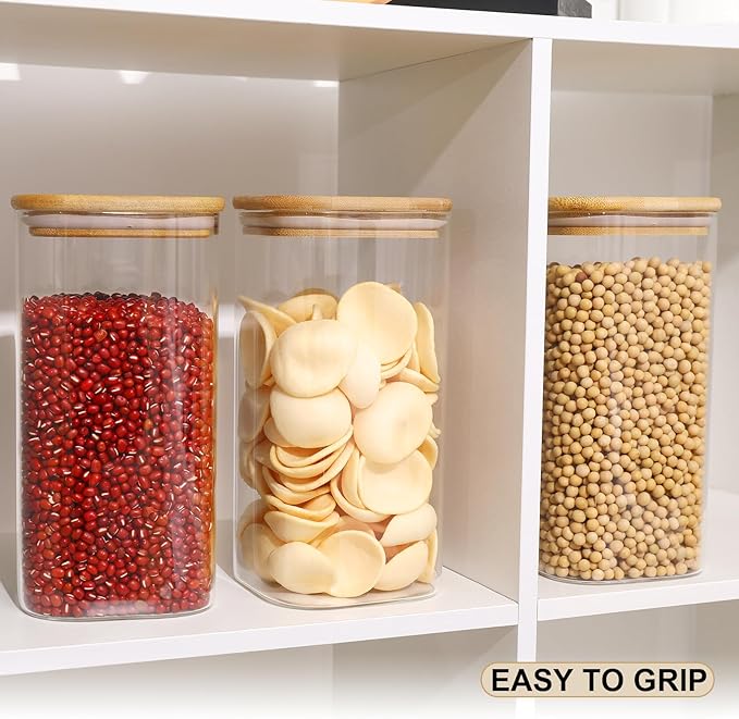 Glass Food Storage Jars with Lids(50oz)Square Set of 3 ,Glass Storage Containers Clear Glass Food Canister with Bamboo Lid Airtight For Serving Tea, Coffee Beans, Flour,Cookie, Cereal,Spice and More-HomvellaHome