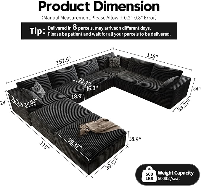 157.5" Cloud Couch Oversized Modular Sectional Sofa for Living Room,Modern Sofa with Deep Seat，8 Seater Boneless Couch with 2 Ottoman,Comfy Upholstered Couches for Apartment, Studio, Office,Black-HomvellaHome