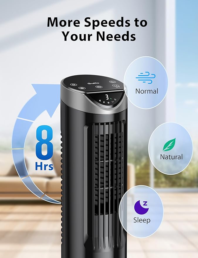 Grelife Tower Fan with Remote Control, Fast Cooling Desktop Fan, 90° Oscillation, 3 Speeds, 3 Wind Modes, Touch Screen, Auto Timer, Ideal for Home, Office Bedroom-HomvellaHome