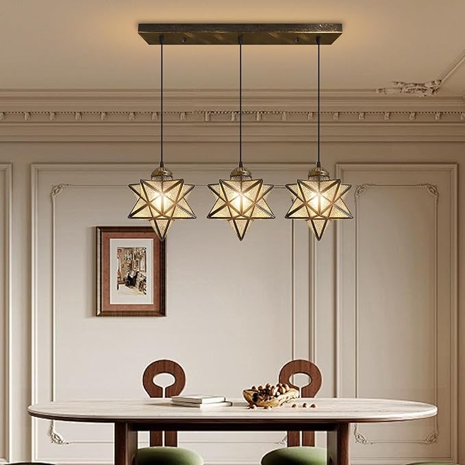 Glass Glam Chandelier 3 Lights Star Pendants Light Fixture for Dining Table Kitchen Island Modern Ceiling Hanging Lights Included LED Warm Light Bulbs Oiled Bronze-HomvellaHome