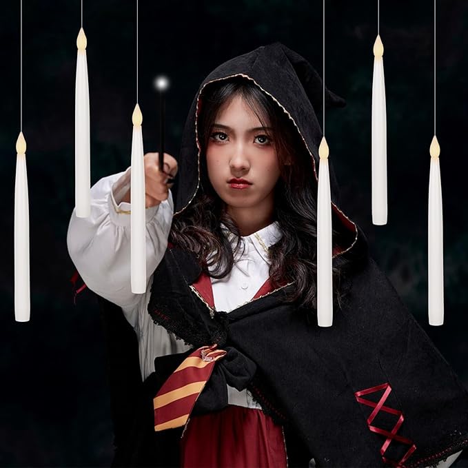 GenSwin 10.8" Floating Candles with Magic Wand Remote Timer, Flameless Taper Candles Flickering Battery Operated, LED Electric Hanging Window Candle Christmas Halloween Decorations(12 Pack, White)-HomvellaHome