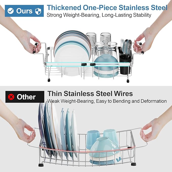 GSlife Expandable in Sink Small Dish Drying Rack - Stainless Steel Capacity Adjustable Over The Sink Dish Rack with Cup Holder (12" -16.8"), Dish Drainer for Kitchen Sink with Utensil Holder, Silver-HomvellaHome