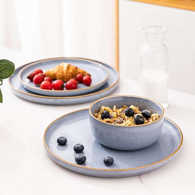 GBHOME Ceramic Dinnerware Sets for 8, 24 Pieces Stoneware Plates and Bowls Sets, Scratch Resistant Dishes, Dishwasher & Microwave Safe, Reactive Glaze-Brunnera Blue-HomvellaHome