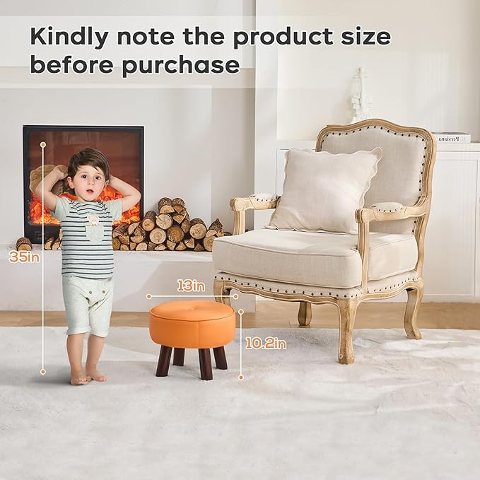 13in Small Foot Stool Ottoman, Round Faux Leather Foot Rest for Couch, Under Desk Pouf Footstool Footrest with Non-Skid Rubber Legs for Ling Room, Bedroom, 13''L x 13''W x 10.2''H, Orange-HomvellaHome