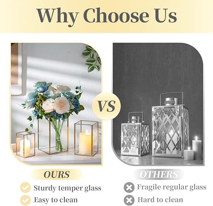 Glass Hurricane Candle Holder Large - Hewory 3pcs Gold Rectangle Flower Holders Centerpiece for Table, Tall Floor Square Pillar Candle Lantern for Wedding, Anniversary, Party, Fireplace, Dining Room-HomvellaHome