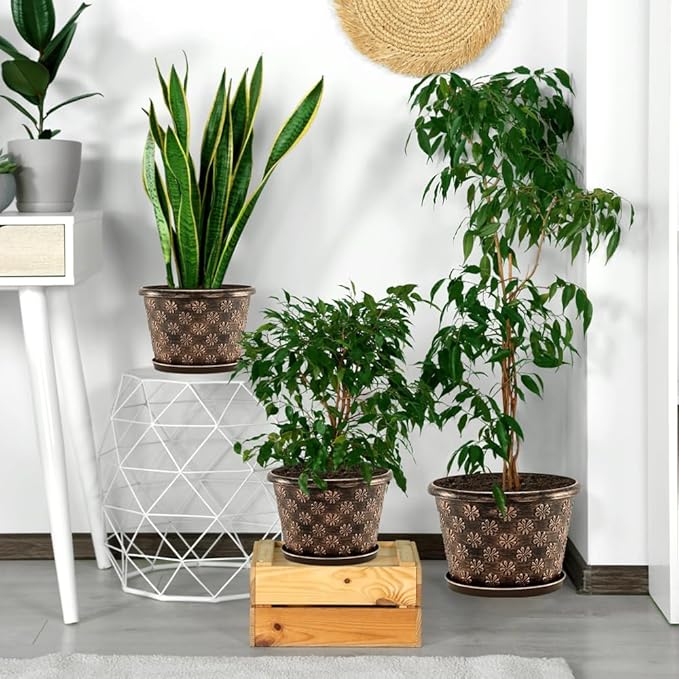 16 Inch Planter Pots for Plants, Plastic Large Flower Pots Indoor Outdoor, 4 Pack Resin Plant Pot with Drainage & Saucer, Retro Decorative Garden Pot with Removable Trays for House-HomvellaHome