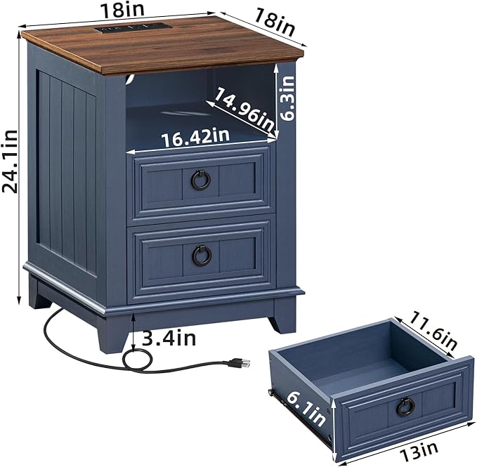 18" Farmhouse Night Stand with Charging Station, 2 Drawers End Table Dresser for Bedroom, Blue Wooden Nightstand, Bed Side Table with Open Shelf, Bedside Cabinet for Living Room, Closet-HomvellaHome