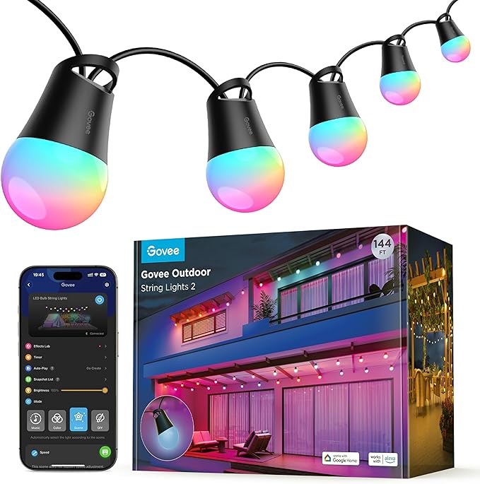 Govee Smart Outdoor String Lights 2, 144ft Outdoor Lights with Dimmable Warm White LED Bulbs, 47 Scene Modes for Patio, Backyard, Balcony, IP65 Waterproof, Works with Alexa, App Control-HomvellaHome