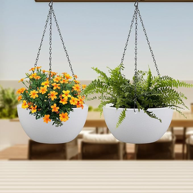 10 inch Hanging Planters for Indoor Outdoor Plants, 2 Pack Hanging Flower Pots with Drainage Holes and Chain for Garden Balcony Porch, Round Plastic Hanging Baskets for House Plants, White-HomvellaHome