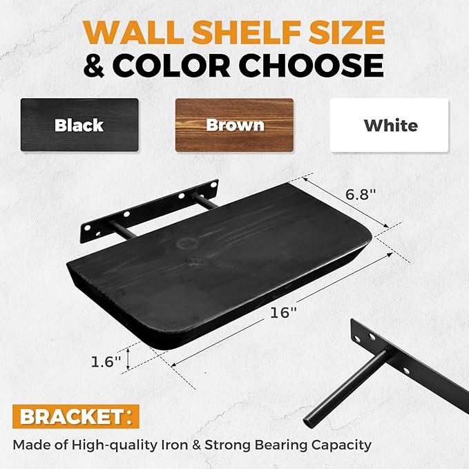 16"x6.8"x1.6" Slanted Floating Wall Shelves 2-Pack - Rustic Black Finish, Heavy-Duty Solid Wood Design with Hidden Brackets - Perfect for Living Room, Kitchen, Bathroom, or Office-HomvellaHome