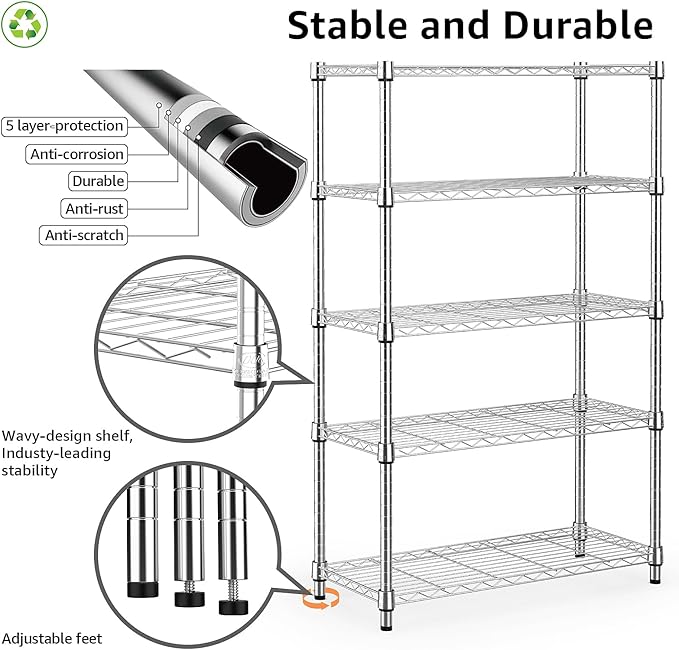 1250 lbs Steel Heavy Duty 5-Tier Utility Shelving Unit Steel Organizer Wire Rack for Home,Kitchen,Office,Chrome (13.7" D x 23.6" W x 62.4" H)-HomvellaHome
