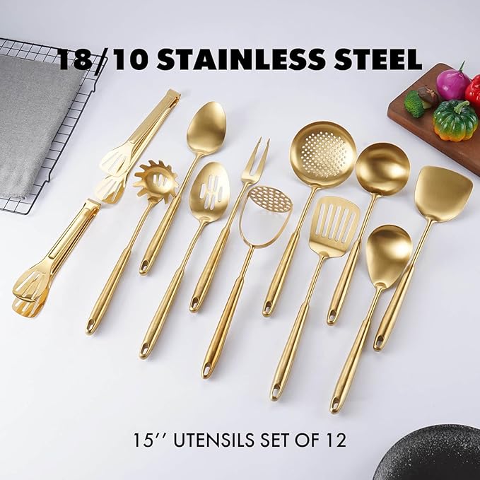 Gold Kitchen Utensils Set, 12 PCS Brass Matte Serving Utensils, 18/10 Stainless Steel All Metal Cooking Tools - Potato Masher, Tongs, Meat Fork, Spatula, Turner, Ladle, Skimmer, Spaghetti Spoon Set-HomvellaHome