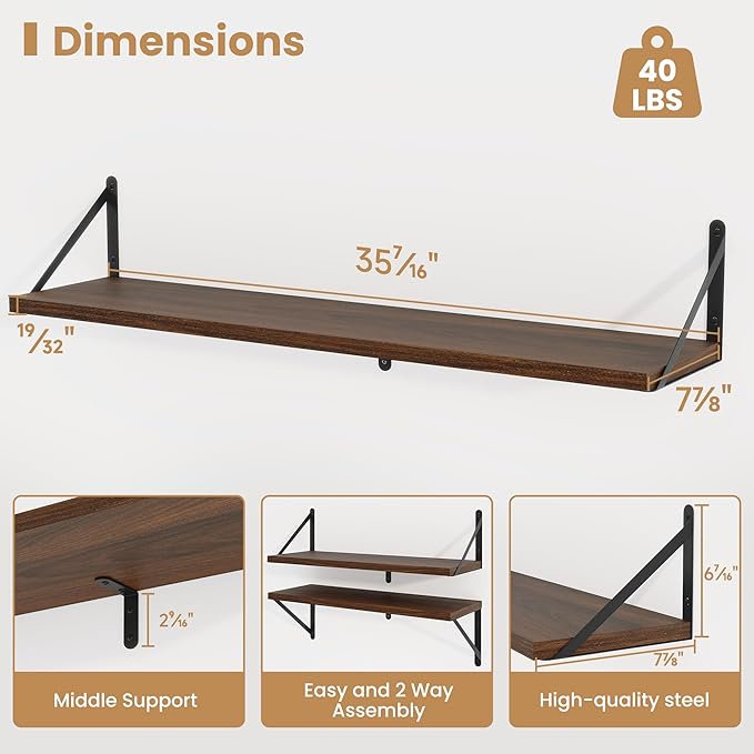 Heimlove 36 Inch Floating Bookshelves Set of 3,Heavy Duty Wall Mounted Bookshelves,Bookshelf for Living Room,Bedroom,Kitchen,Laundry Room Storage & Decor-Walnut Color-HomvellaHome