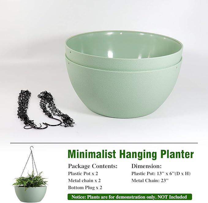 13 inch Large Hanging Planters Plant Pots for Outdoor Indoor Plants with Drainage Holes and Chain, 2 Pack Round Hanging Flower Pots for Garden Home Porch Decor, Green-HomvellaHome