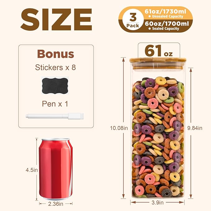 Glass Food Storage Jars Square 61oz, 3 Pack Glass Jars With Bamboo Lids, Kitchen Storage Containers For Spice, Candy, Cookie, Storage For Pantry Organizers-HomvellaHome