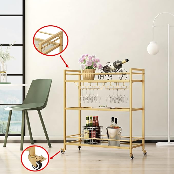 Glass Gold Bar Carts for Home with Hanging Wine Rack - Home Bar Serving Cart with 3 Mirrored Shelves, Kitchen Bar Carts, Wine Cart for Entertaining, Club Party.-HomvellaHome