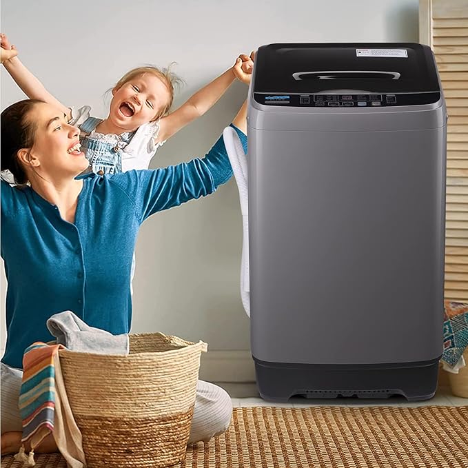17.7 lbs Full Automatic Washing Machine with LED Display Compact Drain Dump, 10 Wash Programs and 8 Water Levels Ideal for Dorms, Apartments, RV, Grey (KB03-GREY6-3)-HomvellaHome