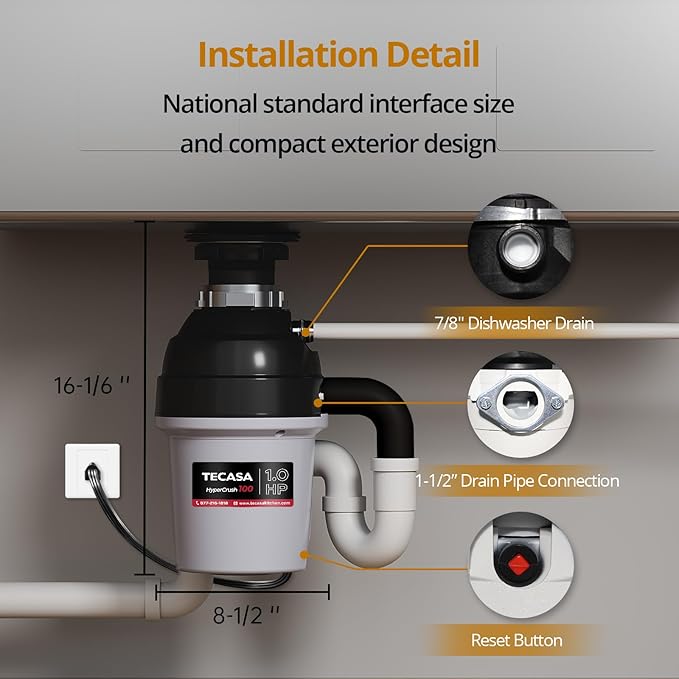 1 HP Garbage Disposal with Sound Reduction, TECASA Food Waste Disposer for Kitchen Sink, Septic Safe Garbage Disposal, Power Cord Included, Grey and Black - HyperCrush 100-HomvellaHome
