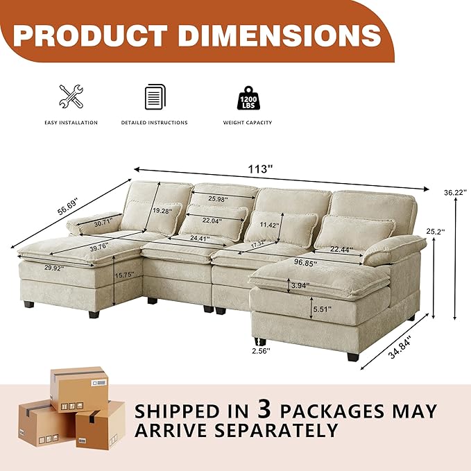 113" Oversized Cloud Couch, U Shape Sectional 4 Seat Sofa with Double Chaises, 2 Layer Cusions, Deep Seat Comfy Sofa, Upholstery Chenille Fabric for Living Room, Beige-HomvellaHome