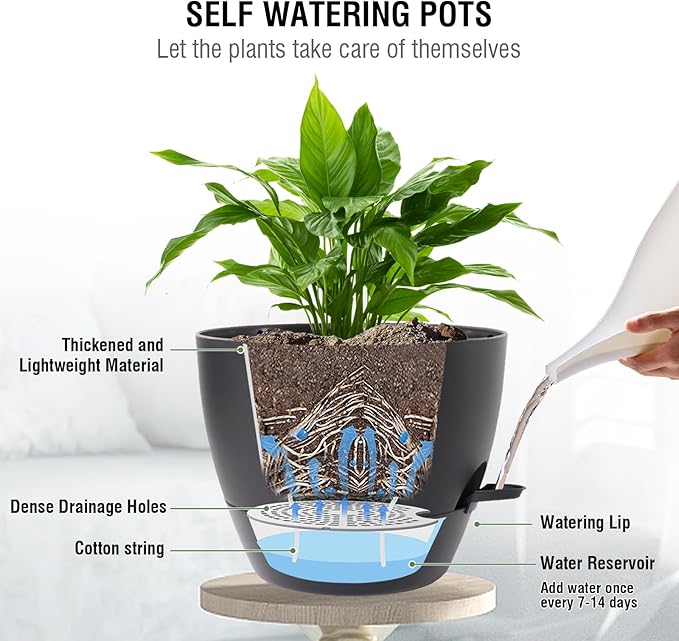 10 inch Self Watering Hanging Planters, 2 Pack Hanging Baskets for Indoor Outdoor Plants, Hanging Flower Pots with Drainage Holes & 2 Kinds of Plant Hangers for Garden Home Decor, Black-HomvellaHome