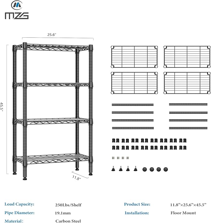 1000 lbs 4 Tier Shelf Metal Storage Shelves Wire Rack Closet Organizers for Garage Kitchen Bathroom Laundry Black 11.8" D x 25.6" W x 45.5" H-HomvellaHome