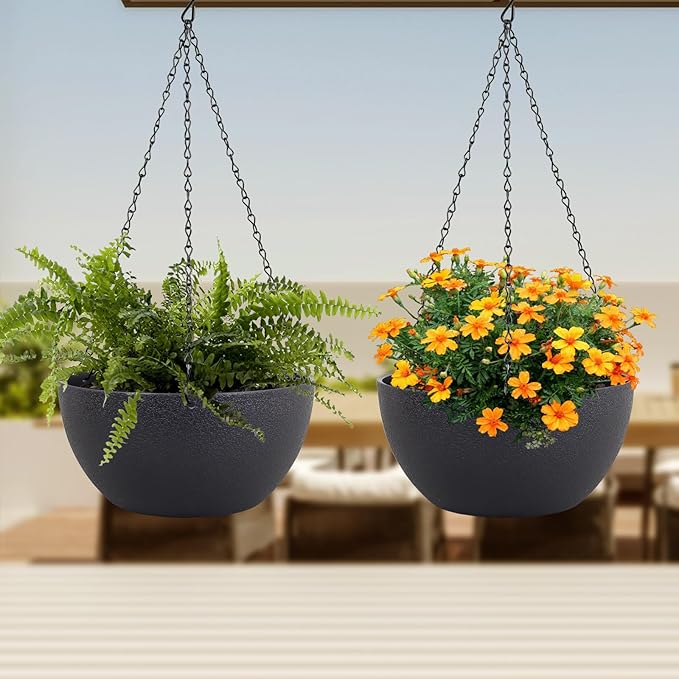 10 inch Hanging Planters for Indoor Outdoor Plants, 2 Pack Hanging Flower Pots with Drainage Holes and Chain for Garden Porch Plants, Round Plastic Hanging Baskets for House Plants, Black-HomvellaHome