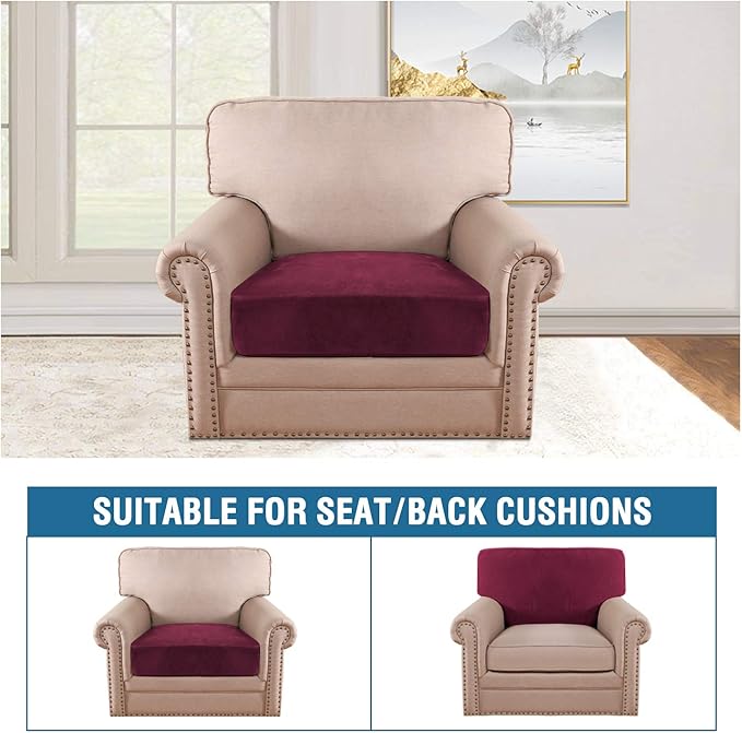 H.VERSAILTEX Velvet Stretch Couch Cushion Cover Plush Cushion Slipcover for Chair Cushion Furniture Protector Seat Cushion Sofa Cover (1 Piece Armchair Cushion Covers, Burgundy)-HomvellaHome