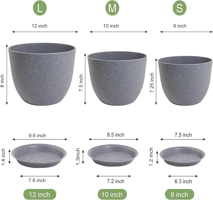 12/10/9 inch Large Plant Pots, 3 Pack Modern Decorative Plastic Planters with Drainage Holes and Saucer for House Garden Plants, Flower Pots for Indoor Outdoor Plants, Speckled Grey-HomvellaHome