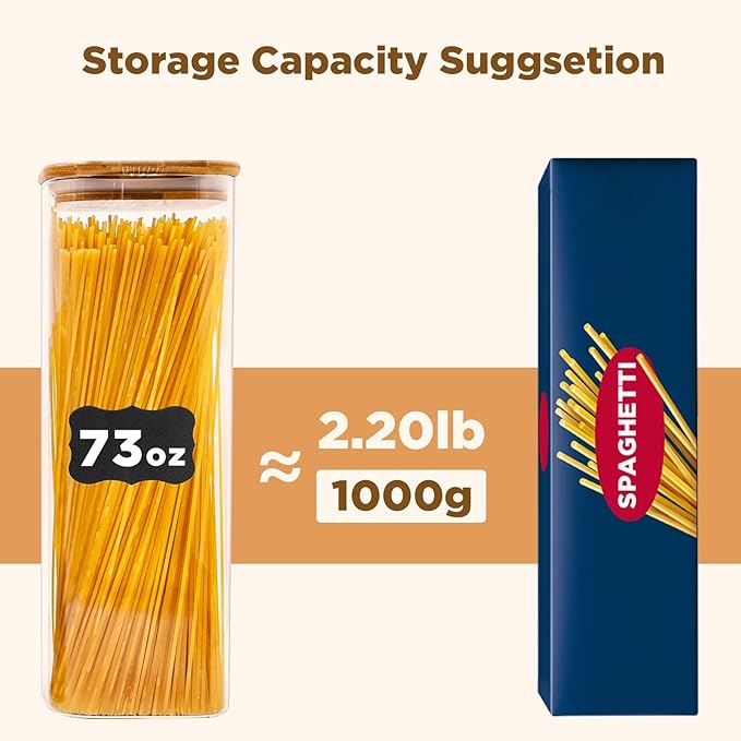 Glass Pasta Storage Jars Square 73oz, 3 Pack Glass Jars With Bamboo Lids, Tall Kitchen Storage Containers For Pasta, Storage For Pantry Organizers-HomvellaHome