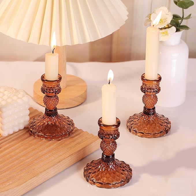 12Pcs Amber Candlestick Holders Set- 4" H Taper Candle Holders Bulk, Glass Candle Holders for Wedding, Party, Fall Dinner Table Centerpieces, Festival Gifts & Windowsill Decor-HomvellaHome
