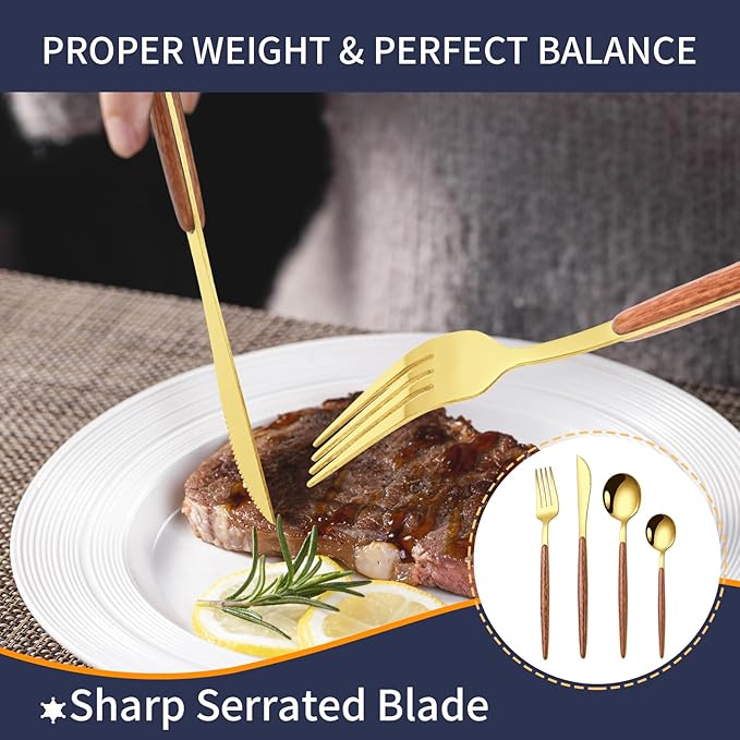 16 Pcs Gold Silverware Set with Simulated Wooden Handle for 4,Stainless Steel Cutlery Set,Mirror Polished Tableware Utensils Flatware Set,Include Knives Spoons and Forks set,Dishwasher Safe-HomvellaHome