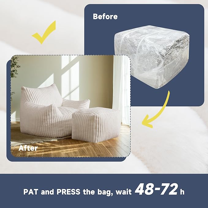 Giant Bean Bag Chairs for Adults, Oversized Chaise Lounge Chair Indoor with Memory Foam - Plush Boneless Lounger & Ottoman for Bedroom, Living Room, Gaming & Reading, Lazy Floor Sofa Chair, Beige-HomvellaHome