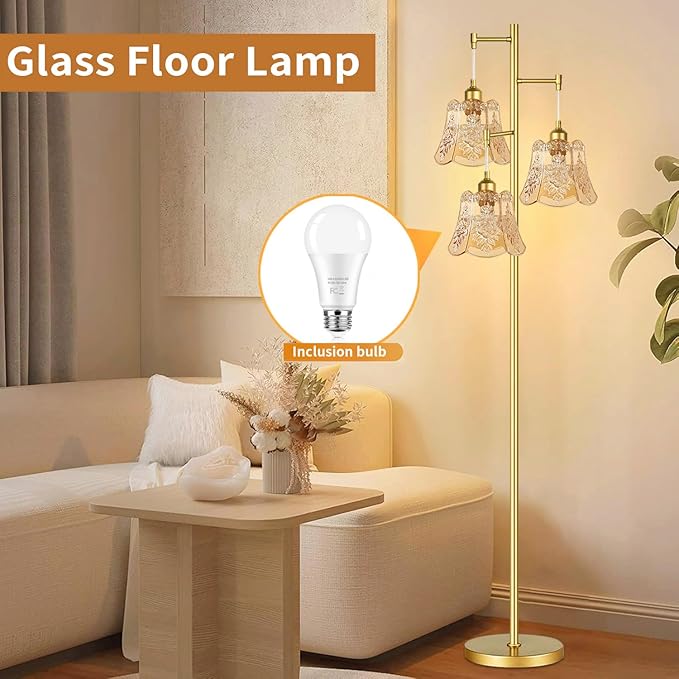 Gold Floor Lamp for Living Room,Bedroom,Tree 3 Light Standing Lamp Mid Century Modern Brass Tall Floor Lamps Vintage Retro Floor Lights Glass Green Flower Lamp Shade Farmhouse Boho Bohemian-HomvellaHome