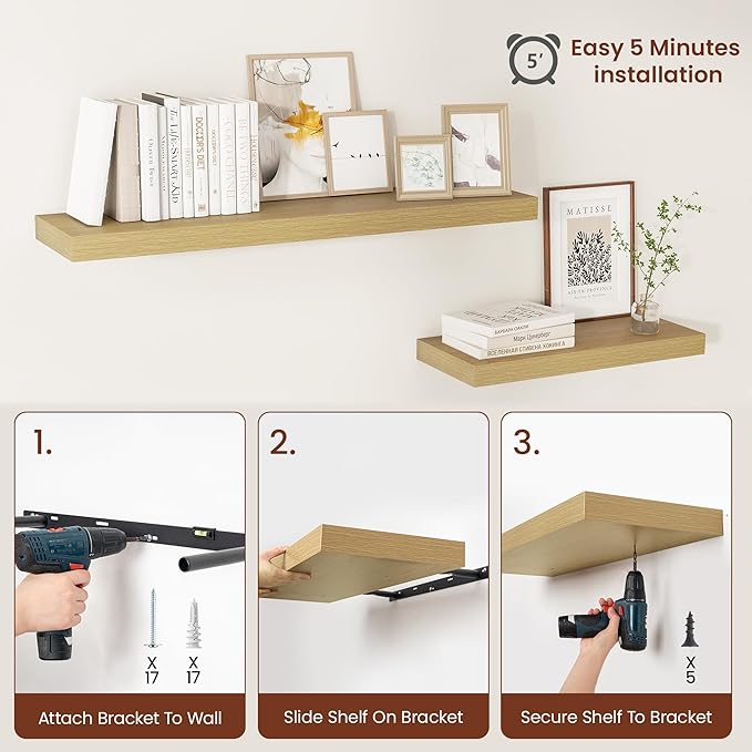 12 Inch Deep Floating Shelves 55 inch Long, 55 x 12 Wide Wall Shelves with Invisible Brackets, Heavy Duty Shelf for Bedroom Bathroom Living Room Kitchen Office Home Decor, Modern Shelf Set of 2, Oak-HomvellaHome