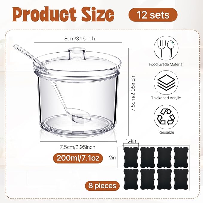12 Pcs Acrylic Sugar Bowl with Lid and Spoon,7.1 Oz Clear Condiment Storage Pot,Sugar Jar Spices Container for Home Kitchen,Coffee Bar,Restaurant-HomvellaHome