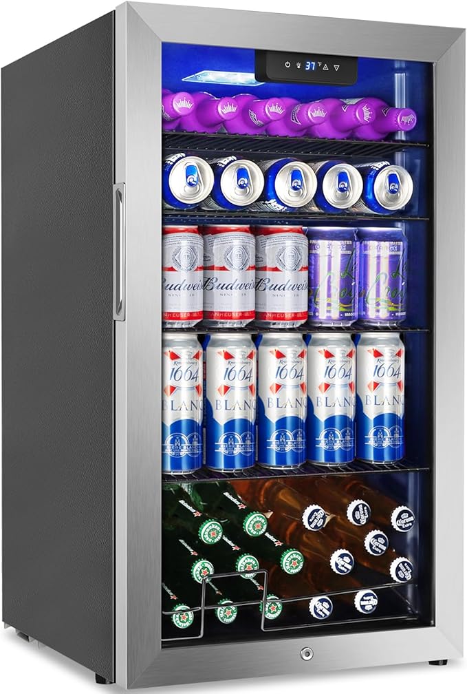 128 Cans Beverage Refrigerator Cooler, 3.2 Cu.Ft Mini Drink Fridge Glass Door for Drink Beer Soda Wine, Beer Fridge with 4 Removable Shelves for Kitchen Bedroom, Office Bar Gaming Room,Stainless Steel-HomvellaHome