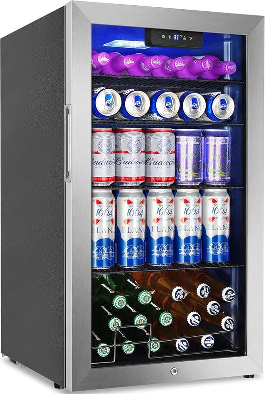 128 Cans Beverage Refrigerator Cooler, 3.2 Cu.Ft Mini Drink Fridge Glass Door for Drink Beer Soda Wine, Beer Fridge with 4 Removable Shelves for Kitchen Bedroom, Office Bar Gaming Room,Stainless Steel-HomvellaHome